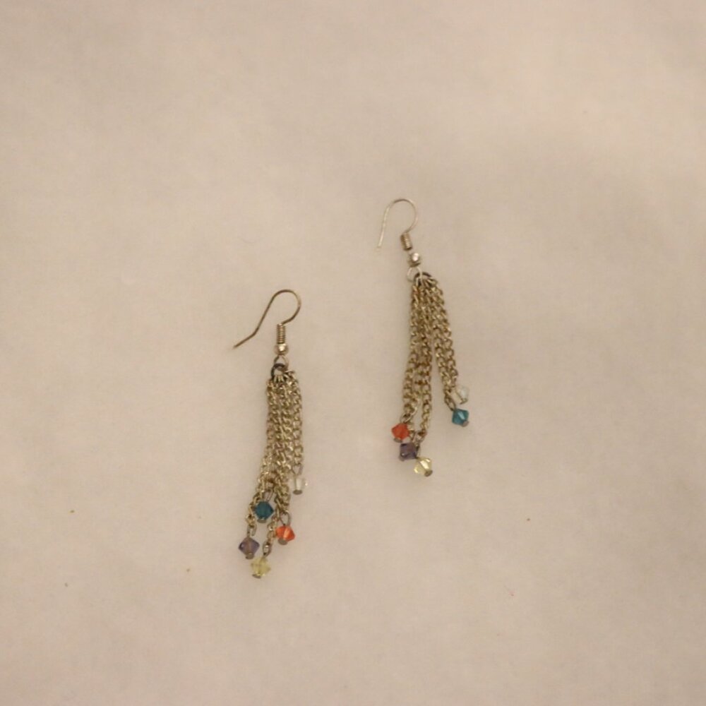 Dangle drop chain link earrings, rainbow colorful fun beads on chain ends - Picture 7 of 7